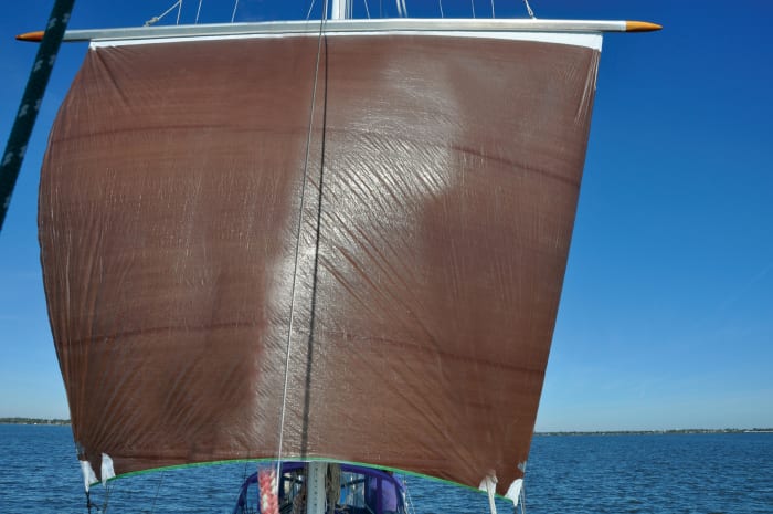 Before having the real thing made, the author built a prototype sail out of a plastic tarp