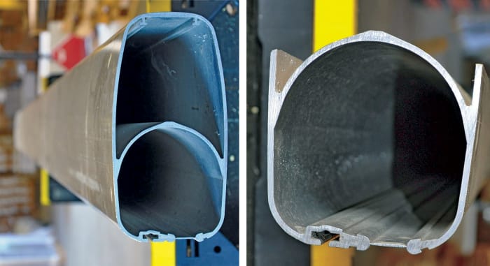 The initial mast extrusion (left); The extrusion with the forward portion cut away (right)