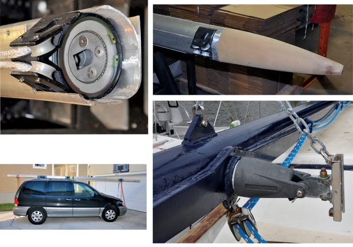 Clockwise from left: the furling mechanism at one end of the yard; one of the two yard ends installed; the author modified the inboard end of a spinnaker pole to serve as a gooseneck; the yard ready for the trip to Florida