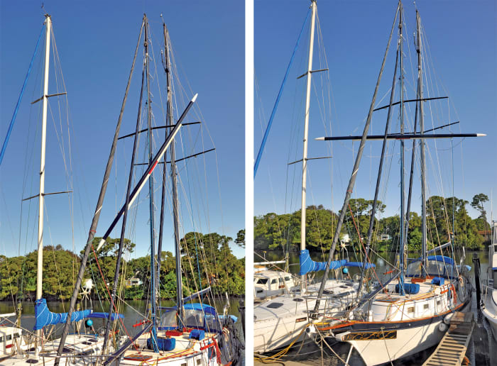 Britannia’s yard canted in a slip (left); The yard at horizontal: a tight fit in any marina! (right)