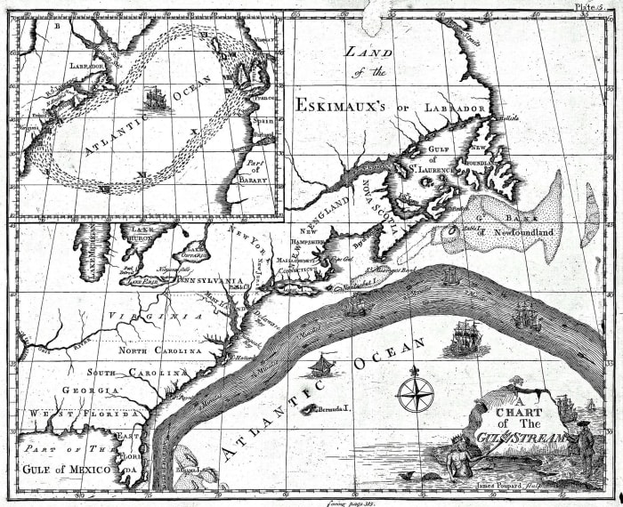 The first map of the Gulf Stream, which Benjamin Franklin helped create by tapping the combined knowledge of the whalemen and merchant captains of his day