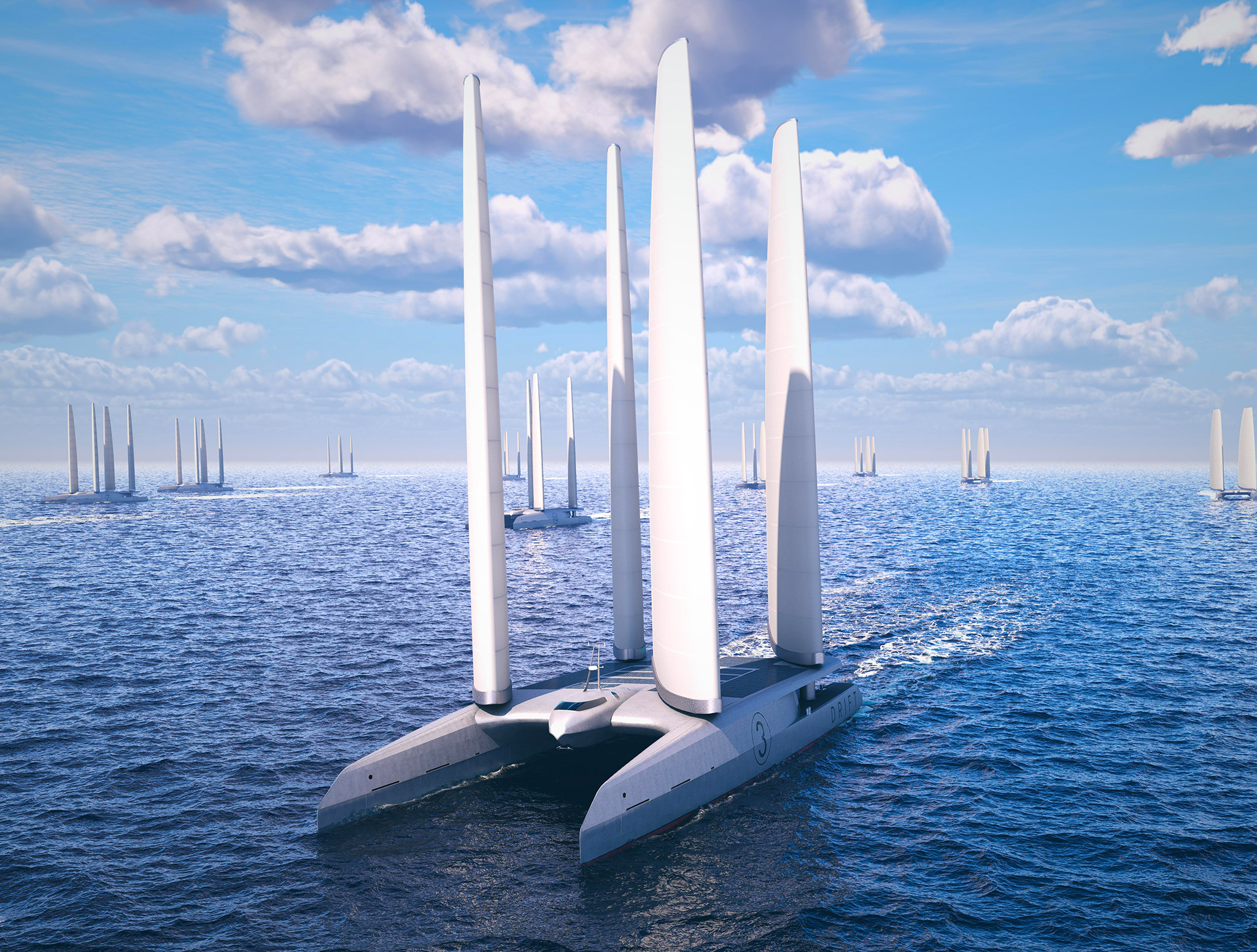 DRIFT Energy’s 60-meter catamaran is an energy harvesting ship that will generate green hydrogen. Rendering courtesy of Drift Energy