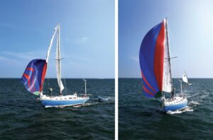 Side by side pictures of a sailboat in the water with one blue and red saillower than the other