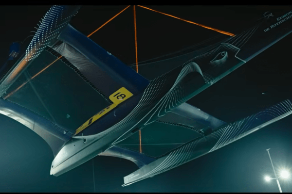 An AI simulation of a sailboat that looks like a spaceship