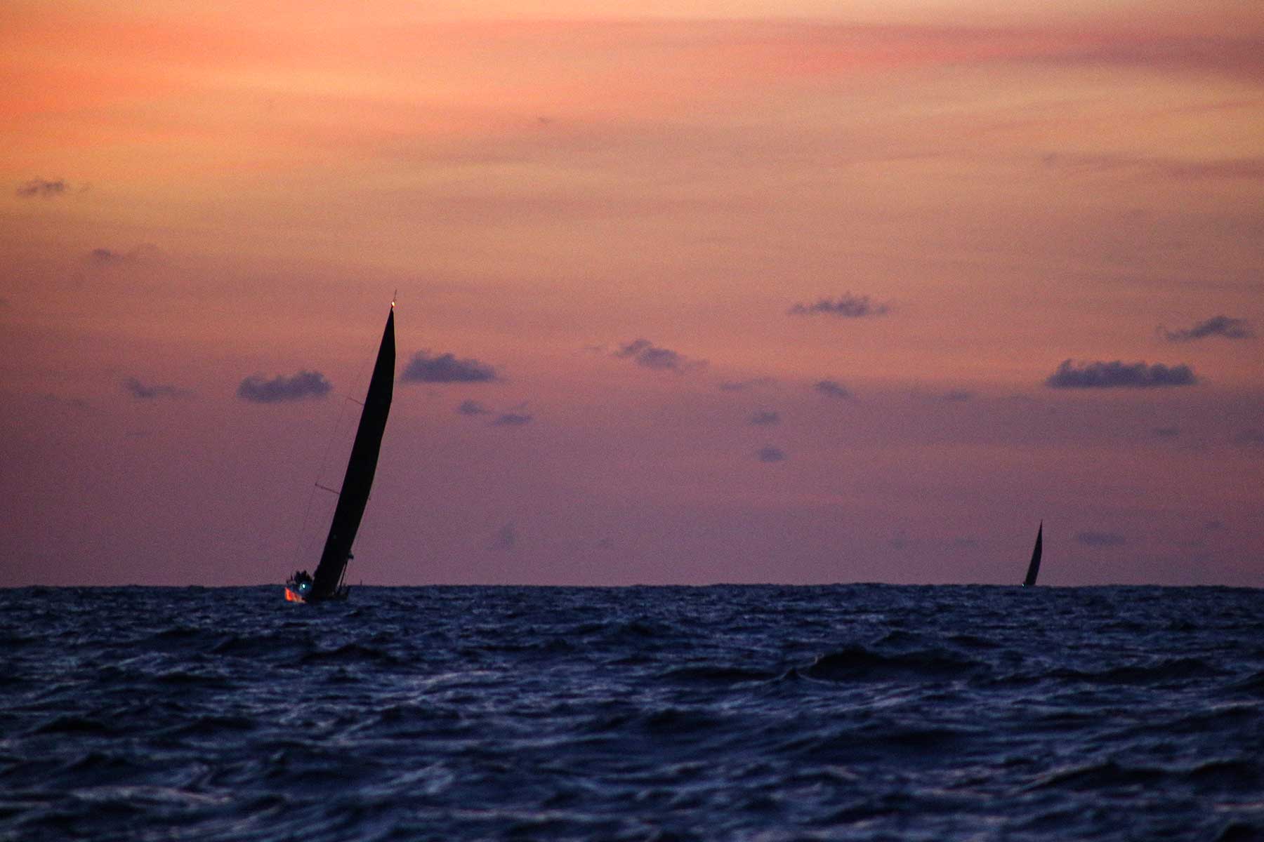 sailboats sailing into a sunset