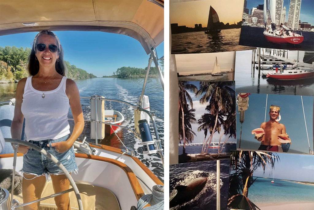Left: The author’s wife Alex at the helm during their recent transit south. Above, mementos from a ICW voyage gone by.