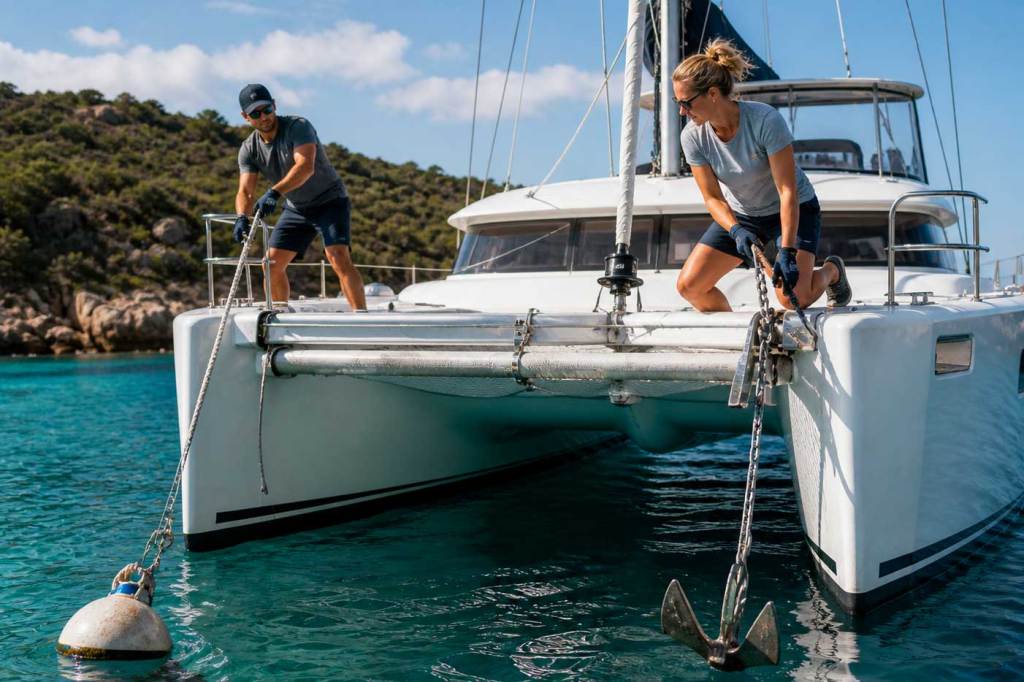 ai photo of anchoring a catamaran